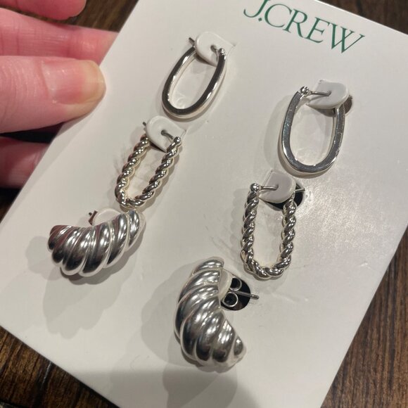 J.Crew Sculptural Silver Earrings Set of Three Brass Titanium Snap Hoops BO249 - Picture 6 of 7